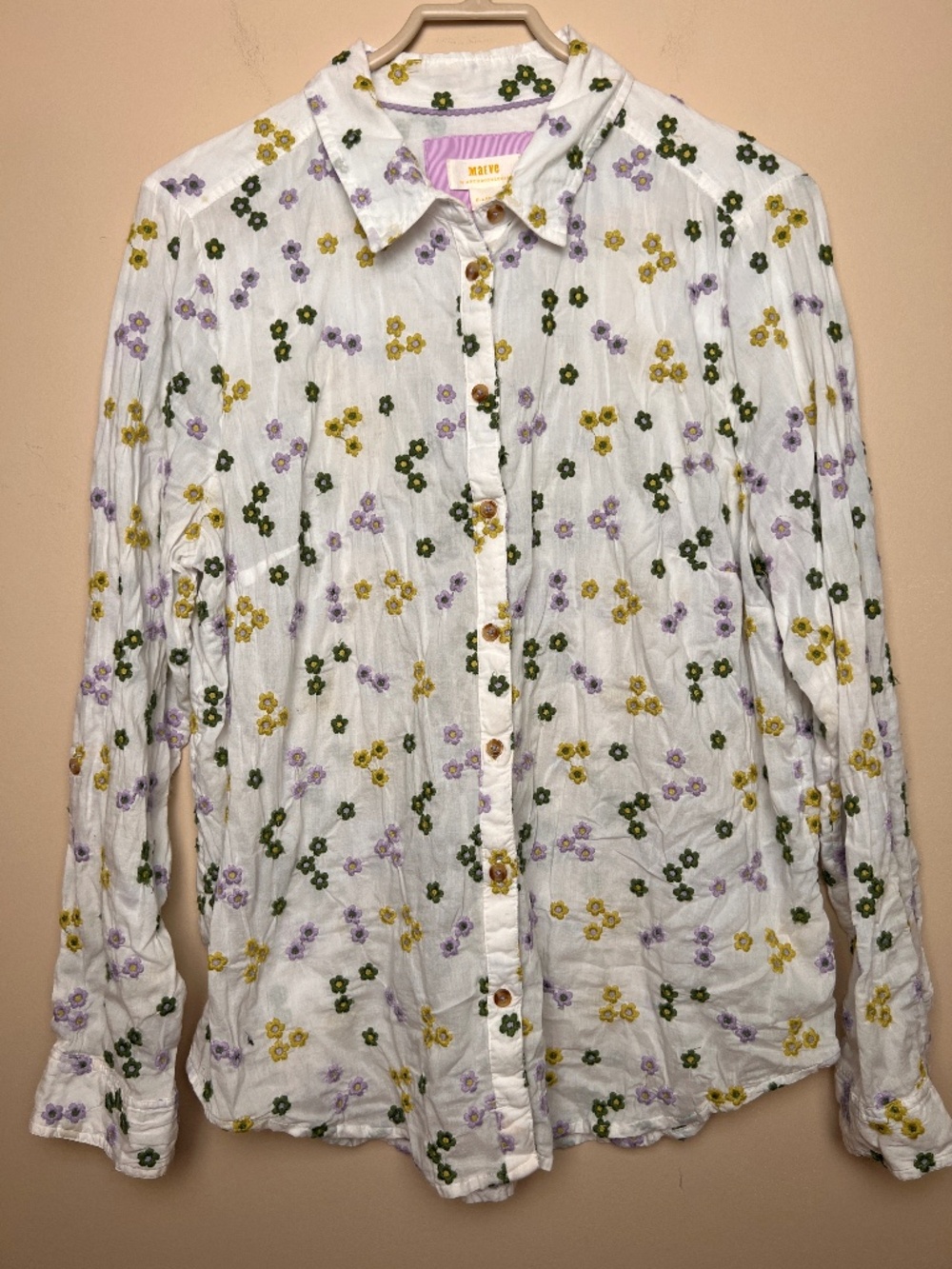 Mauve Anthropologie Flower Embroidered long sleeve button down shirt Women’s XL
